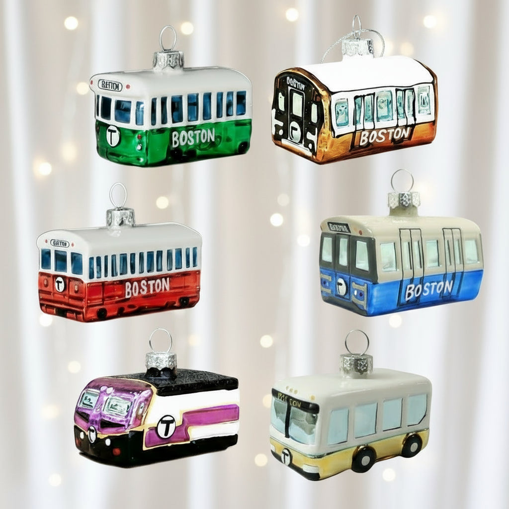 Collection of six Boston MBTA Vehicle Glass Christmas Ornaments